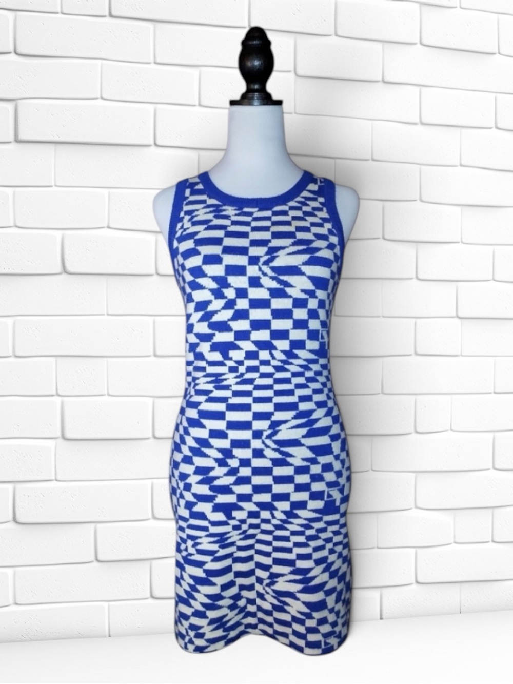 Pretty Garbage Knit Bodycon Dress Blue White Warped Checkerboard Mod Festvial M